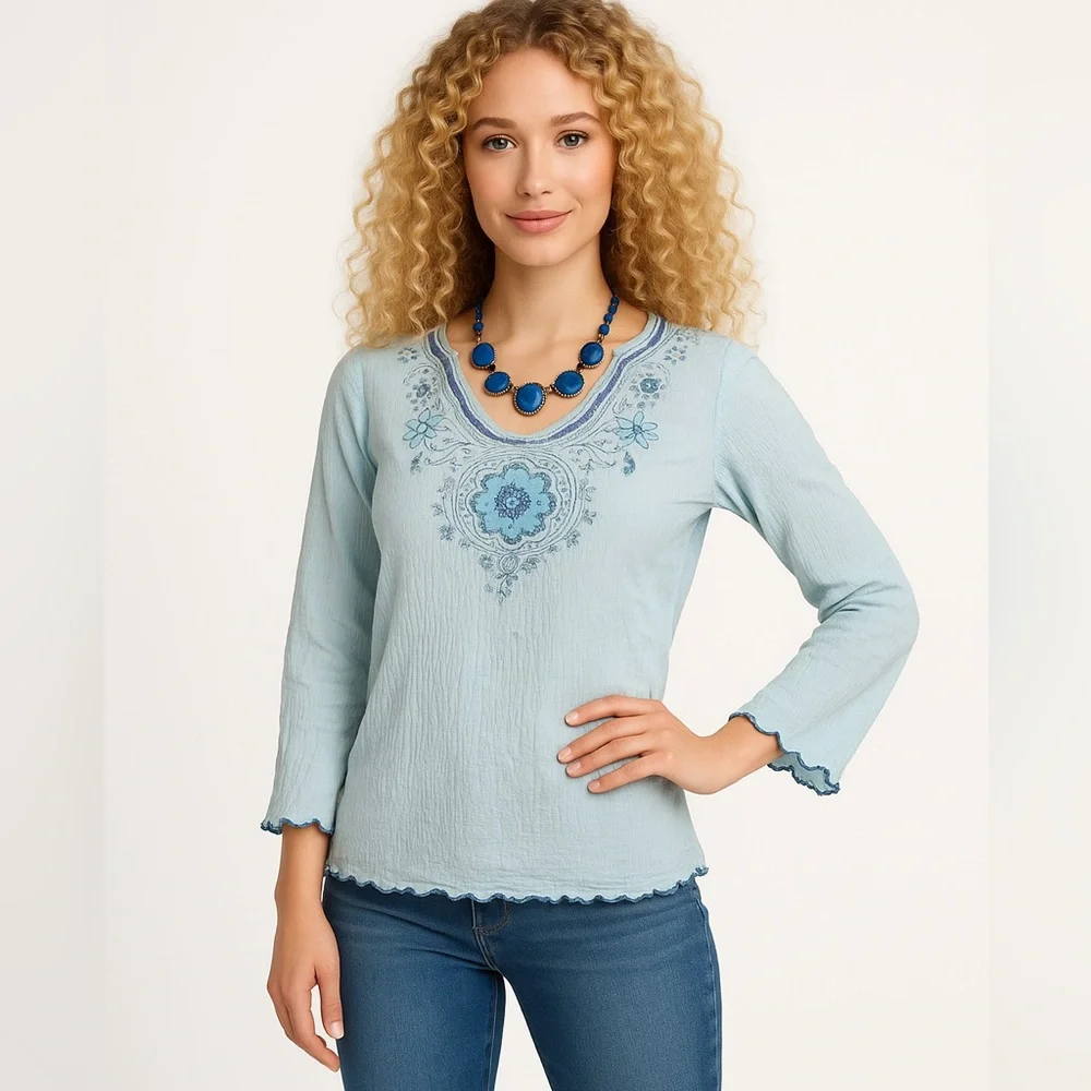 Embroidered Boho Peasant Top | Light Aqua Blue | Floral Detail | Size L - Picture 3 of 9